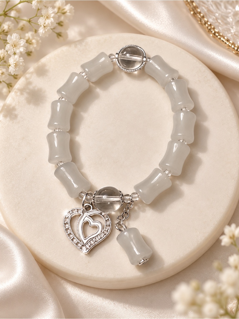 Silver Heart Charm White Beaded Stretch Bracelet